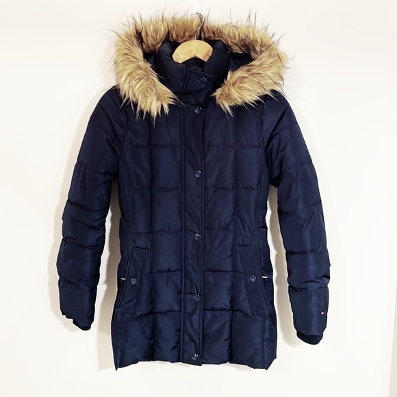 TOMMY HILFIGER Navy Quilted Long Jacket Faux Fur Hood & Fiberfilled Size XS